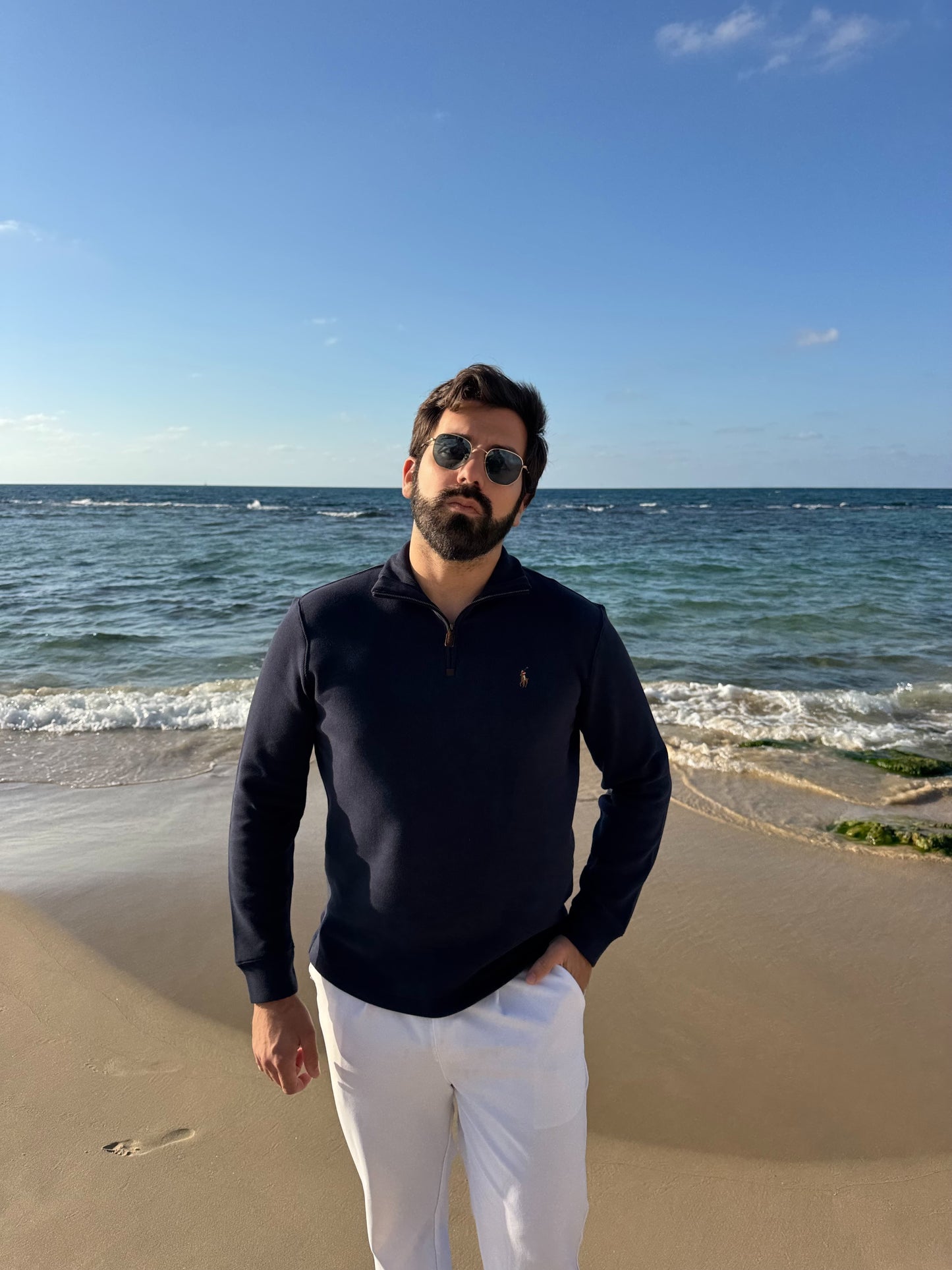 סריג פולו ראלף לורן עם חצי רוכסן בצבע כחול כהה