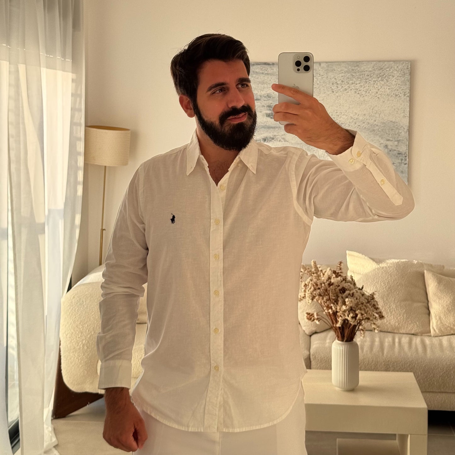 חולצה מכופתרת בטקסטורת פשתן פולו ראלף לורן בלבן