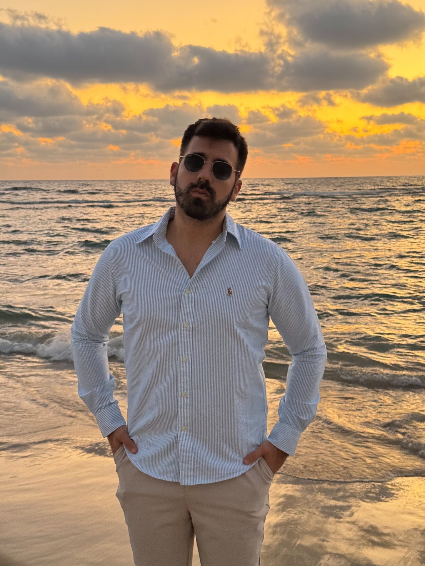 חולצה מכופתרת פולו ראלף לורן לגברים בפסים טורקיז ולבן