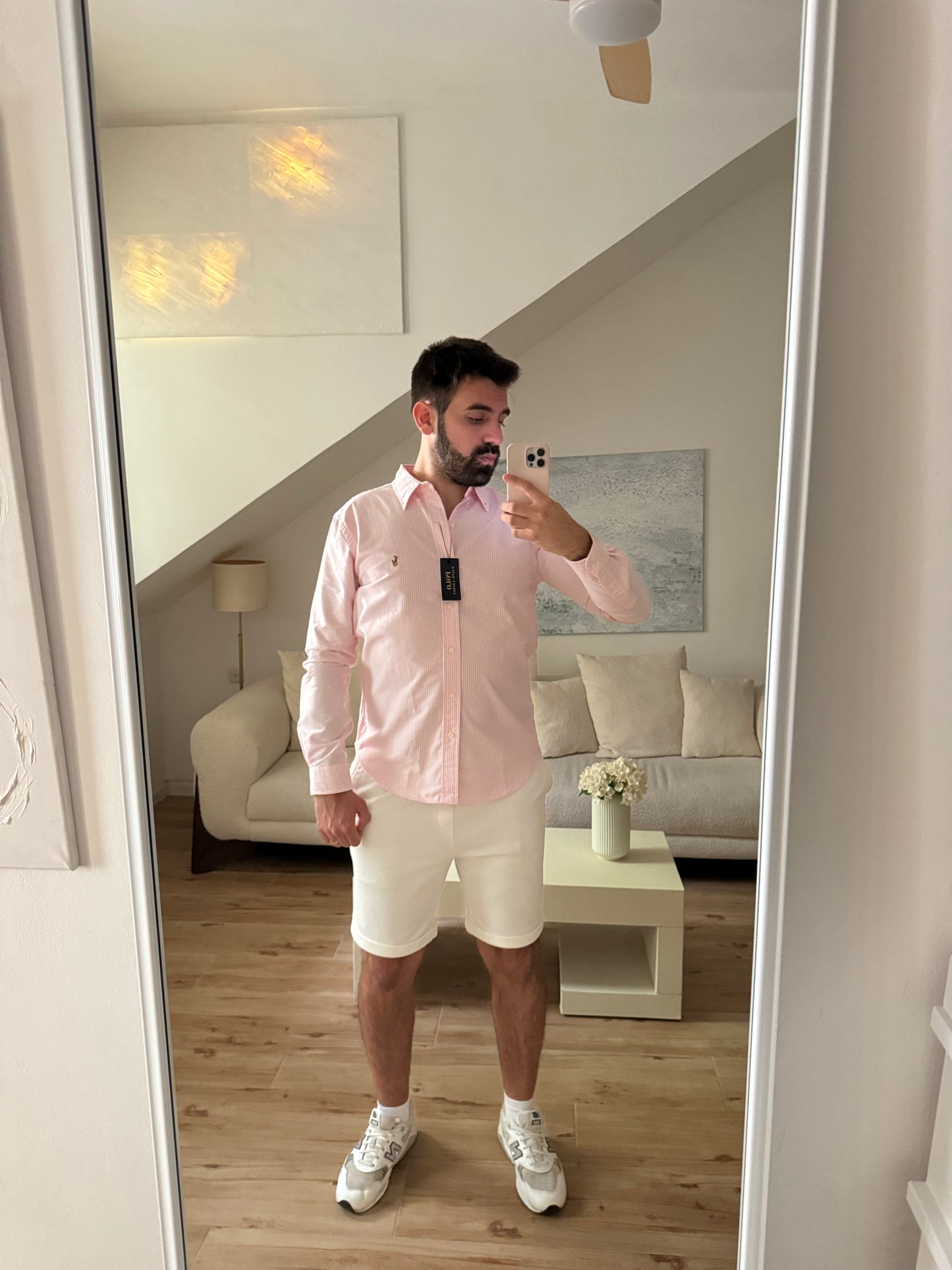 חולצה מכופתרת פולו ראלף לורן בפסים ורוד בהיר ולבן