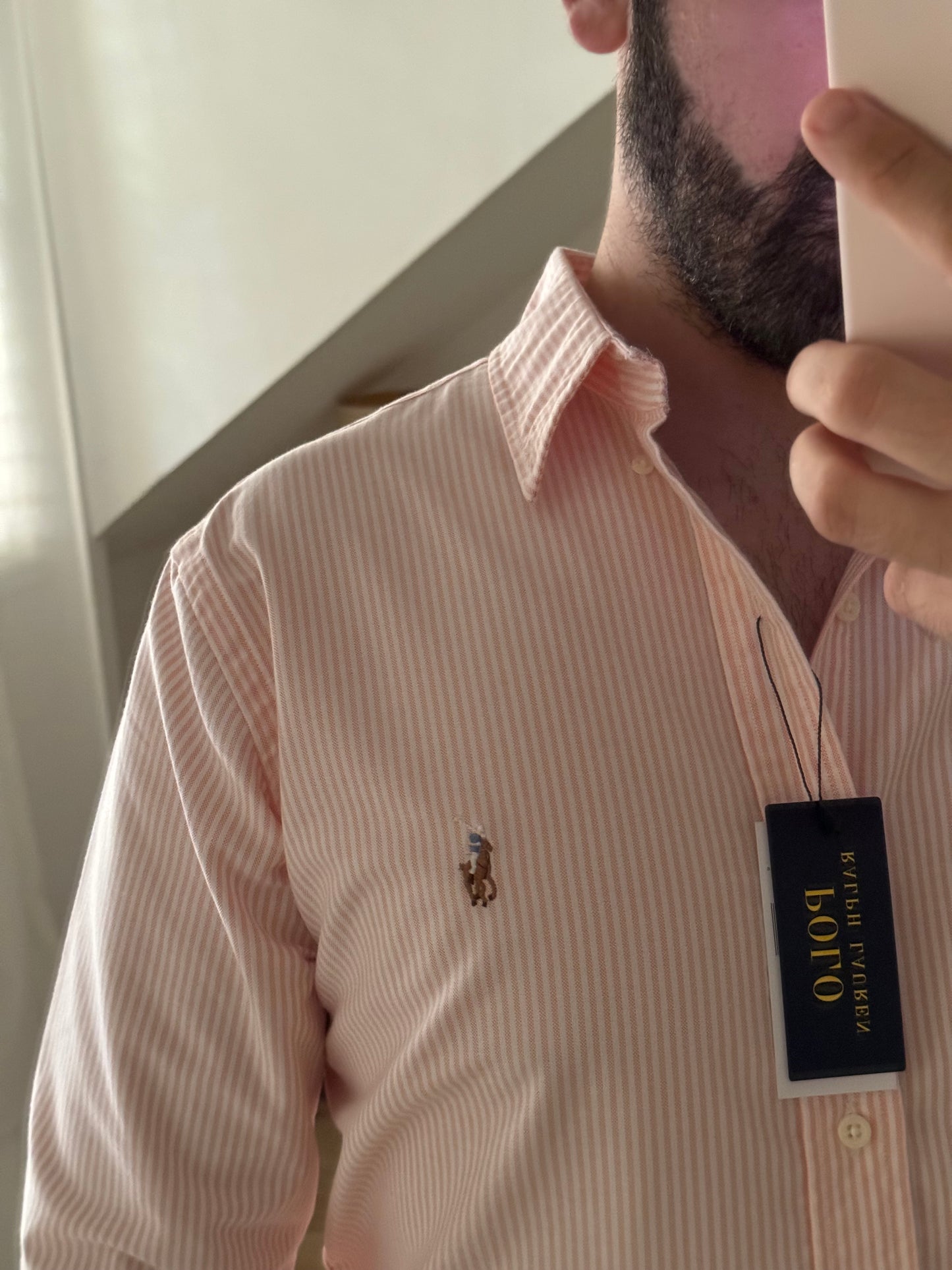 חולצה מכופתרת פולו ראלף לורן בפסים ורוד אפרסק ולבן