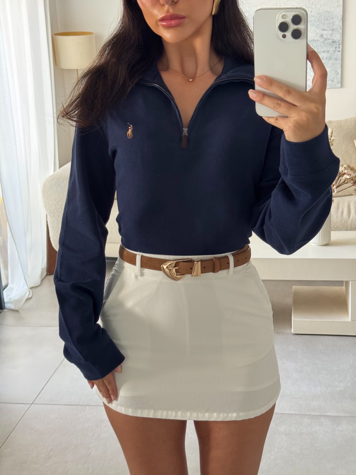 סריג פולו ראלף לורן עם חצי רוכסן בצבע כחול כהה