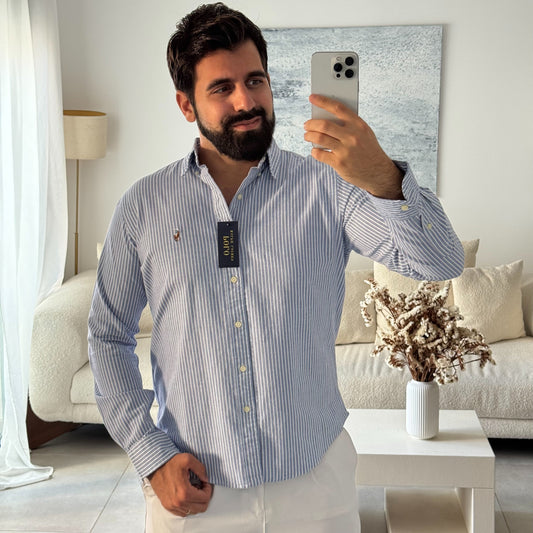 חולצה מכופתרת פולו ראלף לורן לגברים בכחול עם פסים בצבע לבן