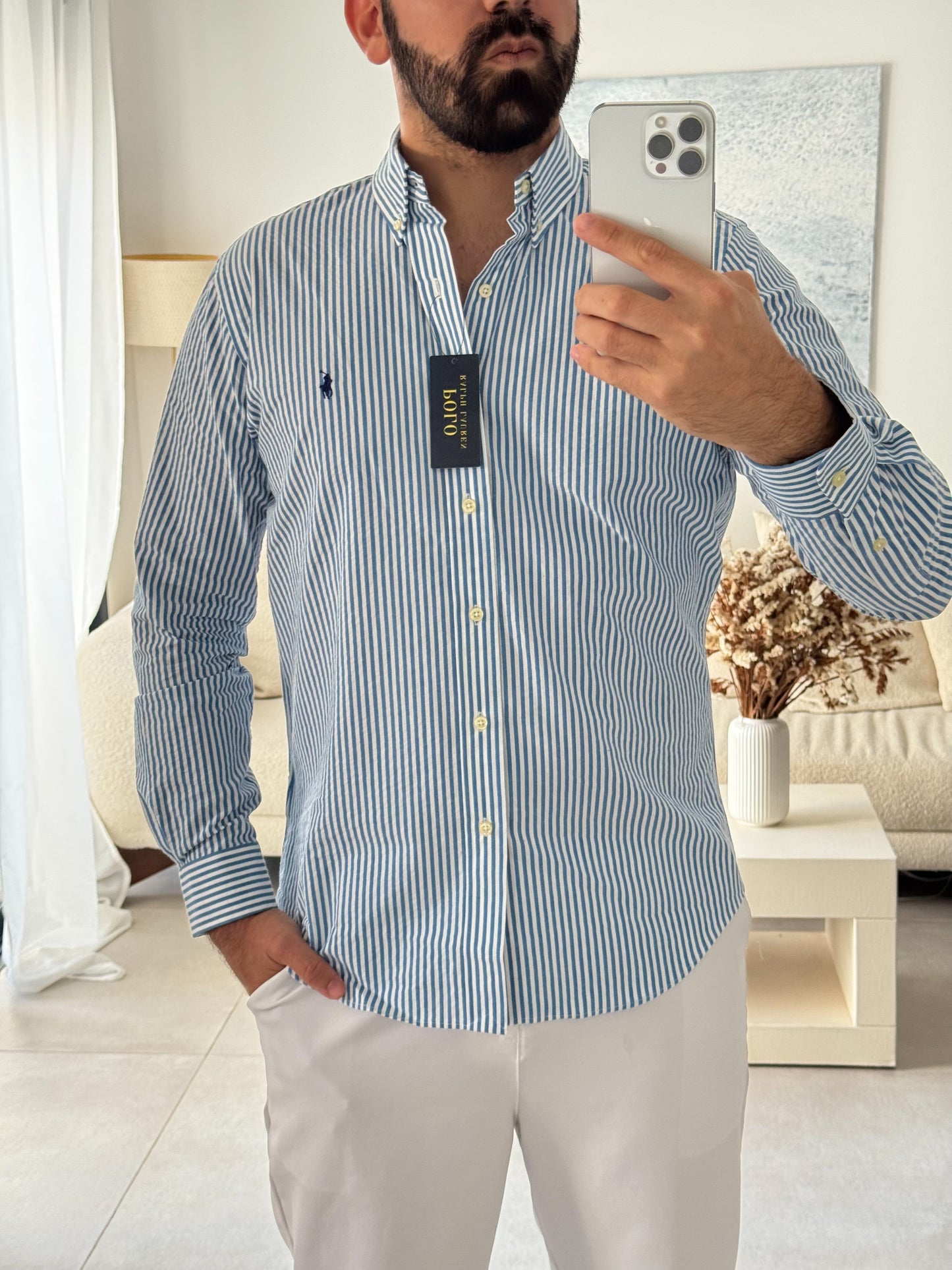 חולצה מכופתרת פולו ראלף לורן לגברים פסים בצבע כחול ולבן