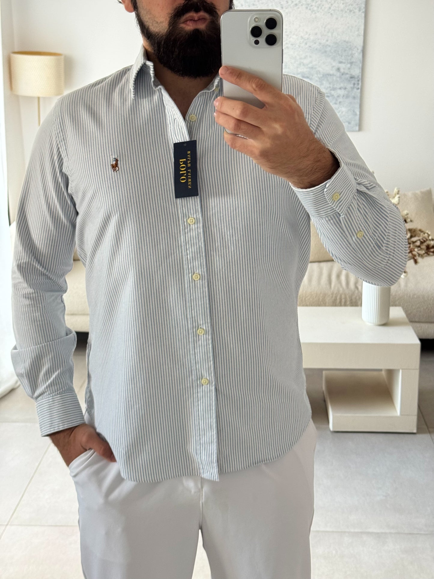 חולצה מכופתרת פולו ראלף לורן לגברים בפסים תכלת ולבן