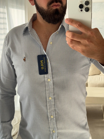 חולצה מכופתרת פולו ראלף לורן בפסים אפור בהיר ולבן