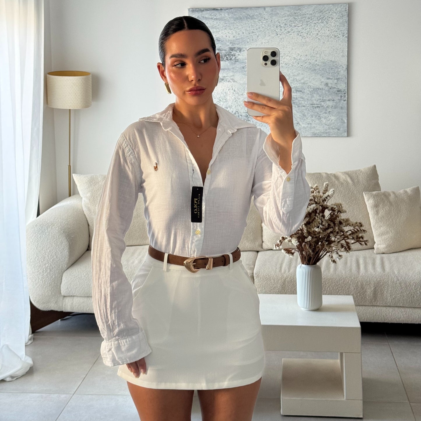 חולצה מכופתרת פשתן פולו ראלף לורן בלבן