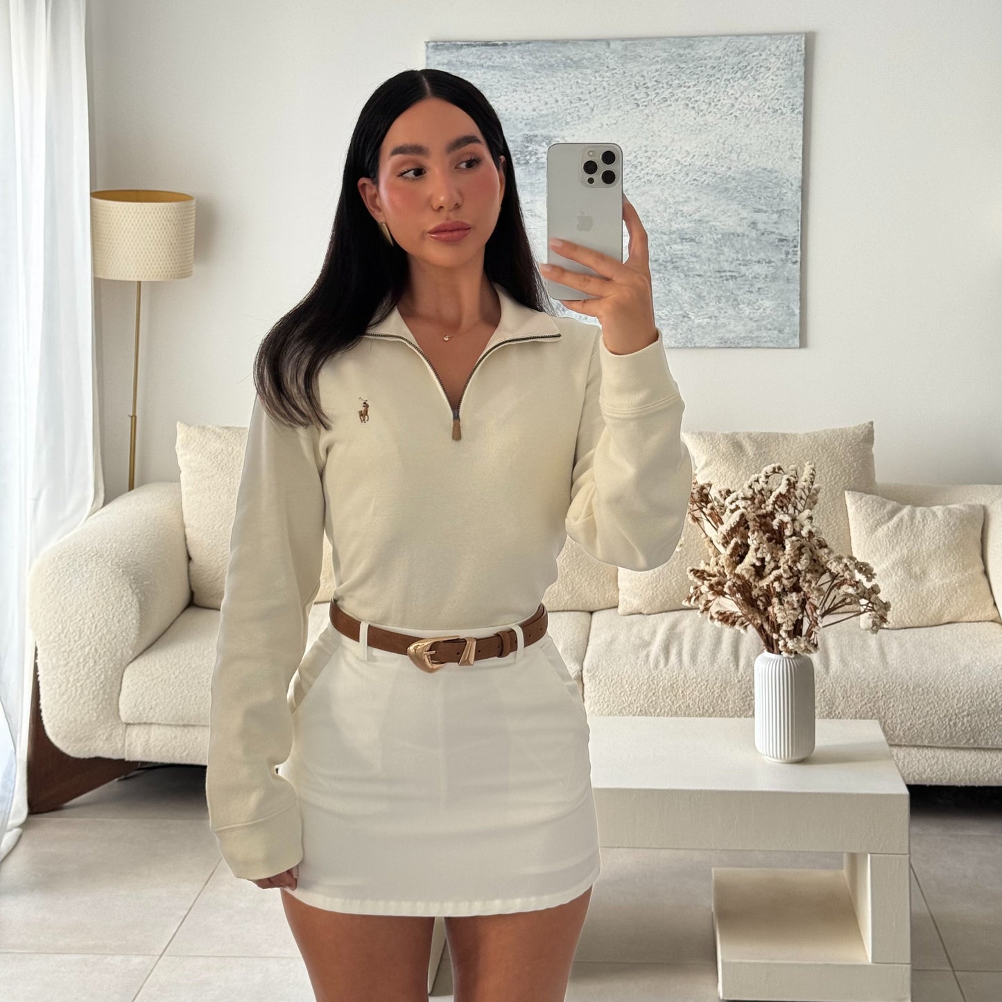 סריג פולו ראלף לורן עם חצי רוכסן בצבע קרם