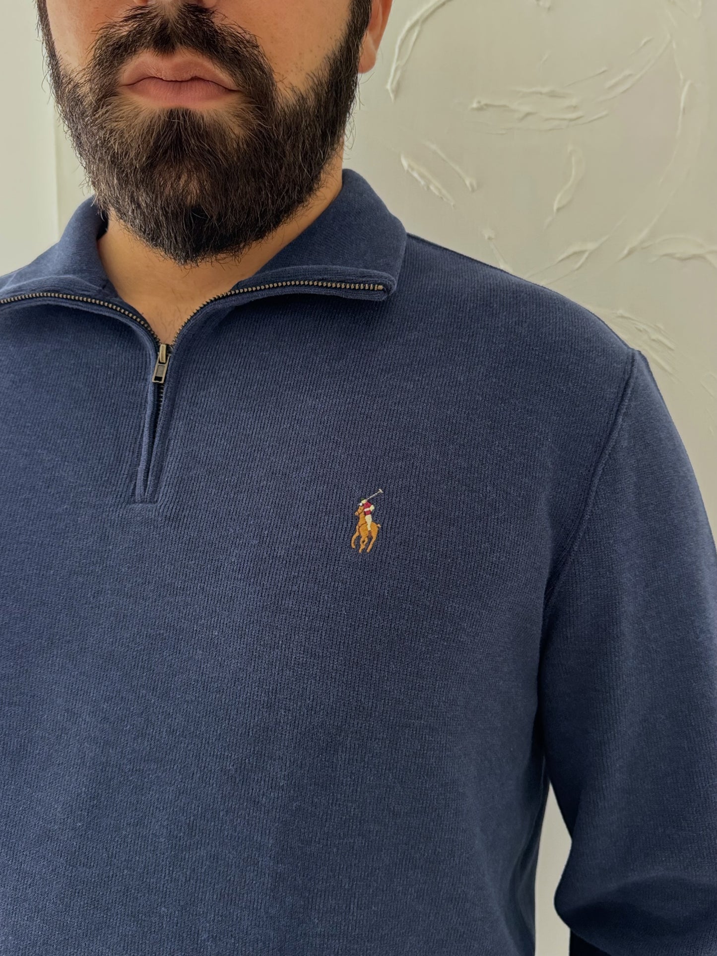 סריג פולו ראלף לורן עם חצי רוכסן בצבע כחול