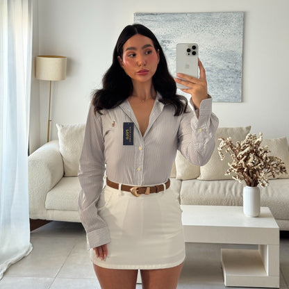 חולצה מכופתרת פולו ראלף לורן לנשים בפסים אפור בהיר ולבן