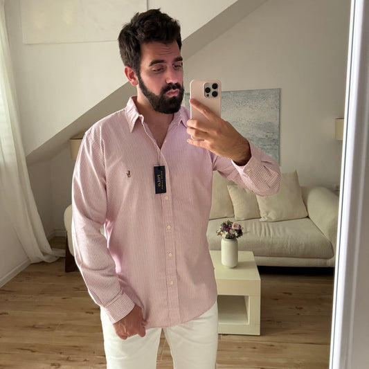 חולצה מכופתרת פולו ראלף לורן בפסים אדום בהיר ולבן