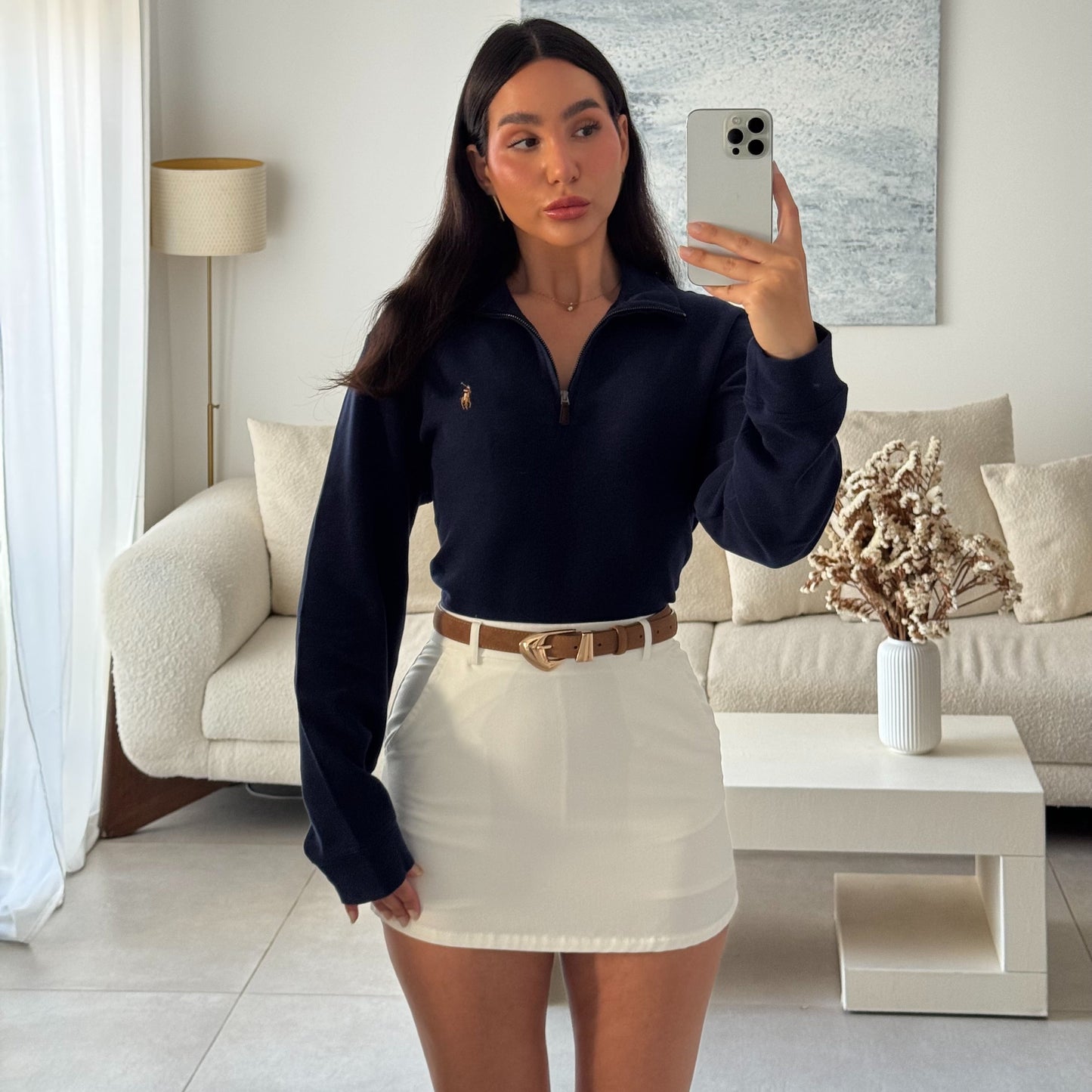 סריג פולו ראלף לורן עם חצי רוכסן בצבע כחול כהה