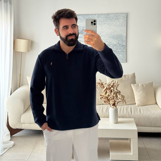 סריג פולו ראלף לורן עם חצי רוכסן בצבע כחול