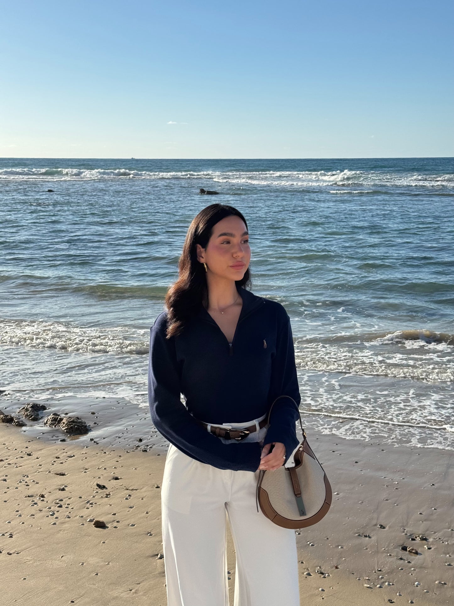 סריג פולו ראלף לורן עם חצי רוכסן בצבע כחול כהה