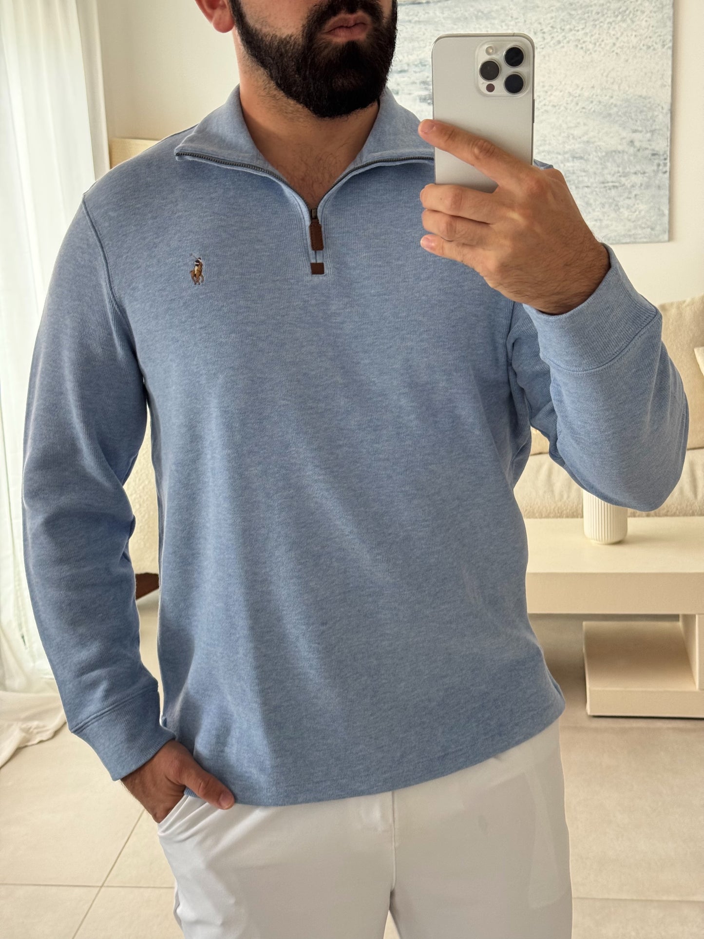 סריג פולו ראלף לורן עם חצי רוכסן בצבע תכלת