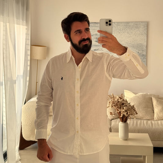 חולצה מכופתרת בטקסטורת פשתן פולו ראלף לורן בלבן