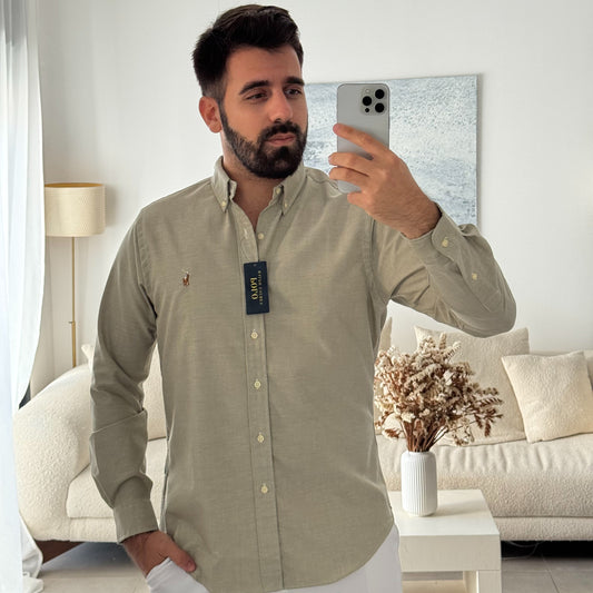 חולצה מכופתרת פולו ראלף לורן לגברים בצבע בז׳ ירוק