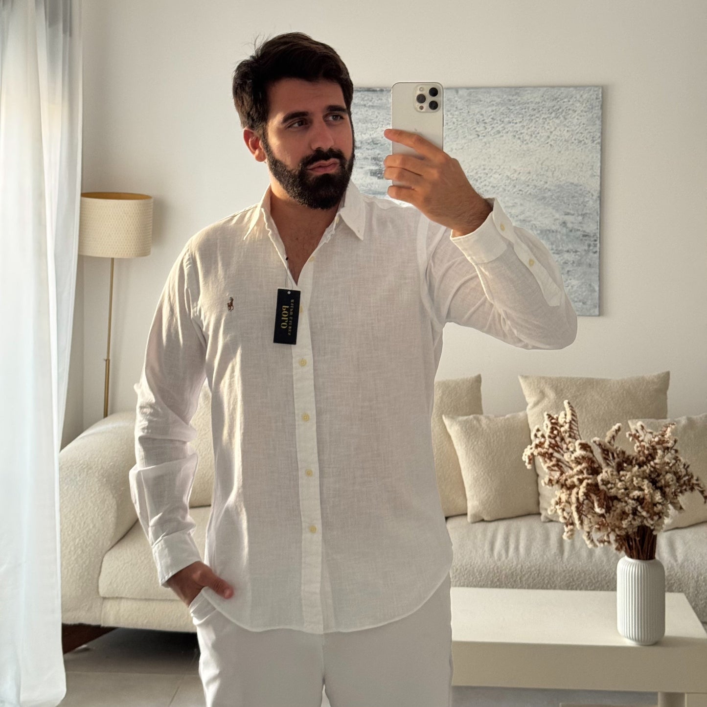 חולצה מכופתרת פשתן פולו ראלף לורן בלבן