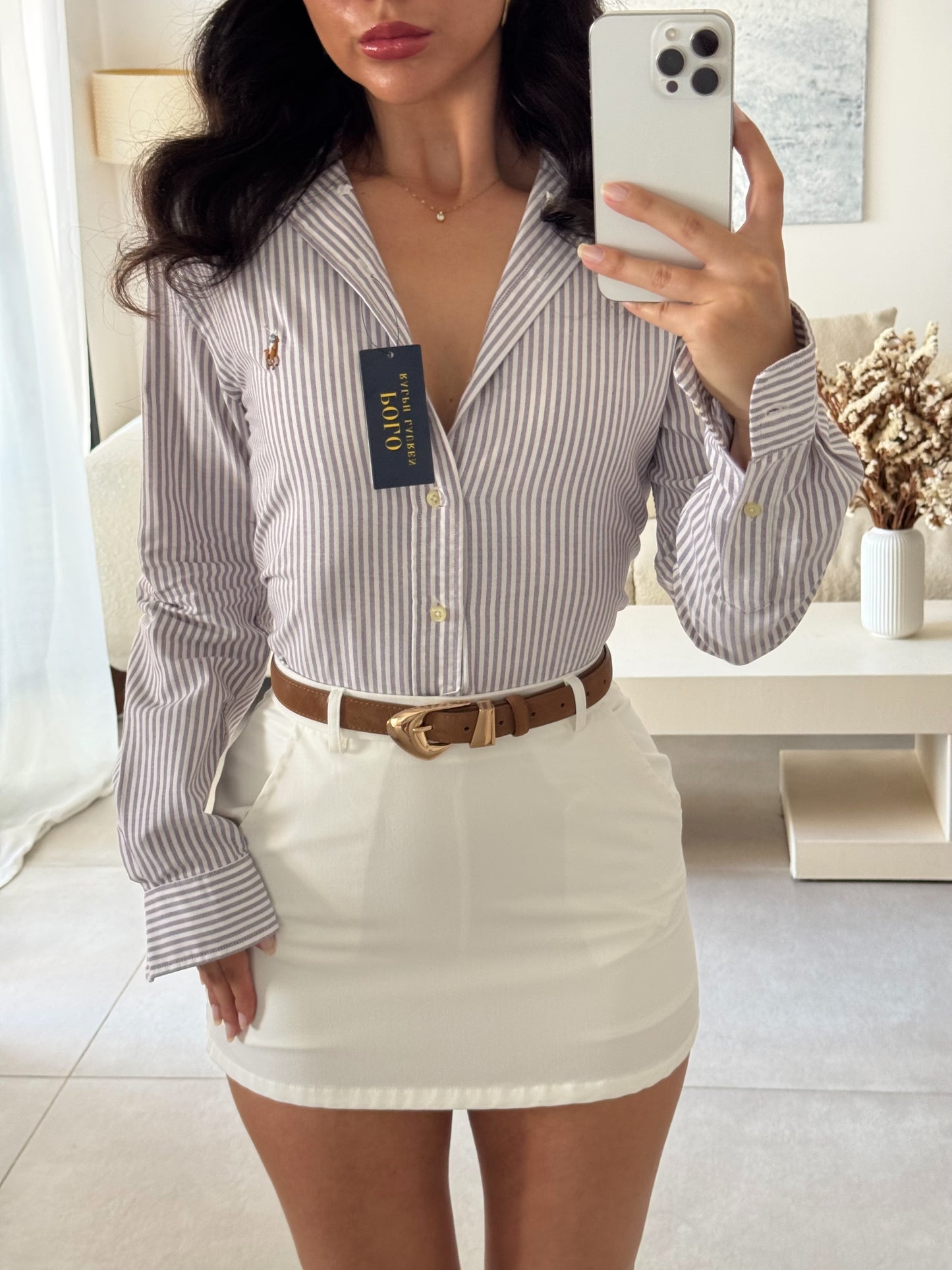 חולצה מכופתרת פולו ראלף לורן לנשים בפסים סגול ולבן