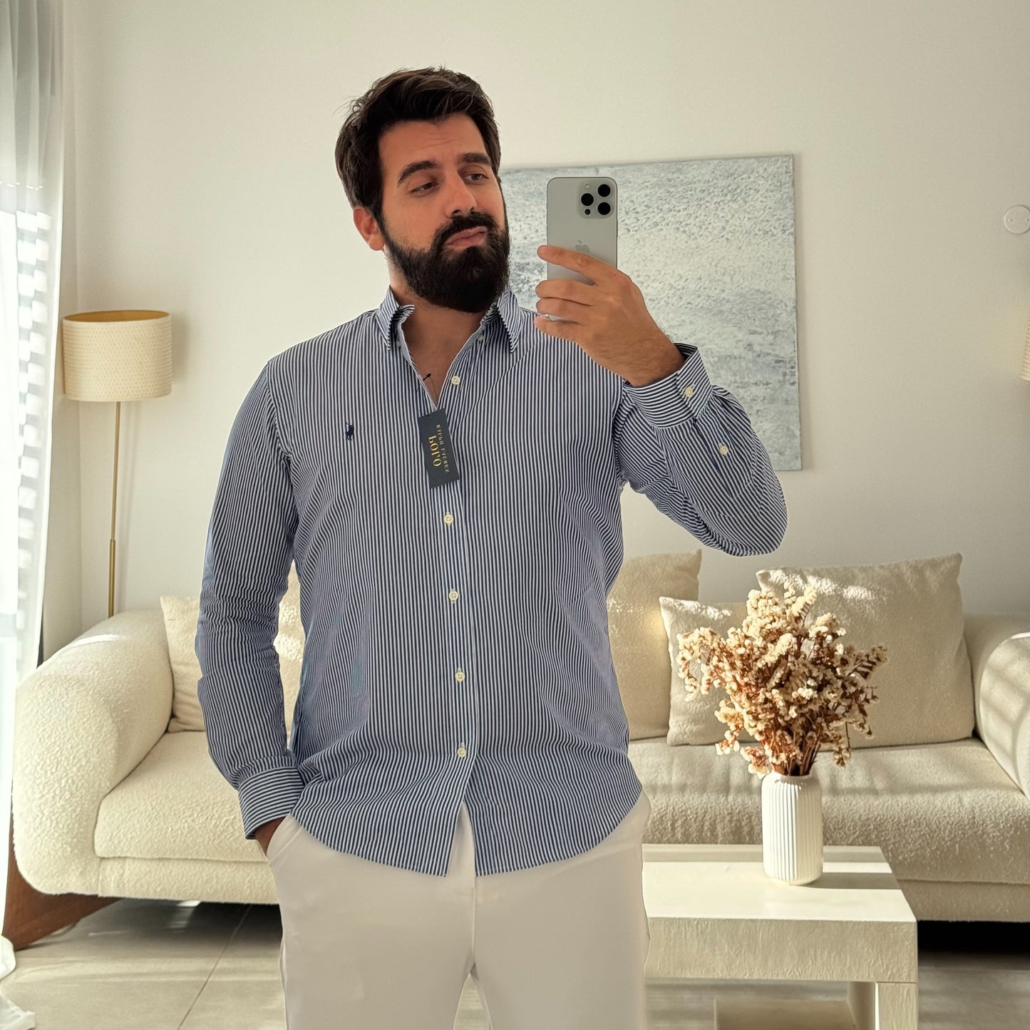 חולצה מכופתרת פולו ראלף לורן לגברים פסים בצבע כחול כהה ולבן