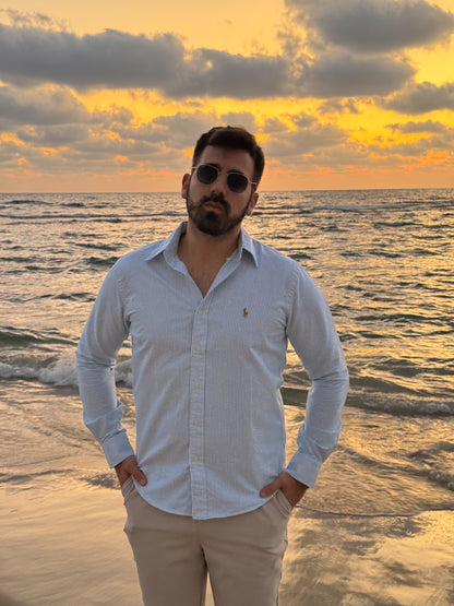 חולצה מכופתרת פולו ראלף לורן לגברים בפסים טורקיז ולבן