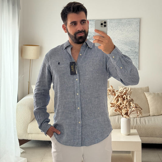 חולצה מכופתרת פשתן פולו ראלף לורן באפור בהיר