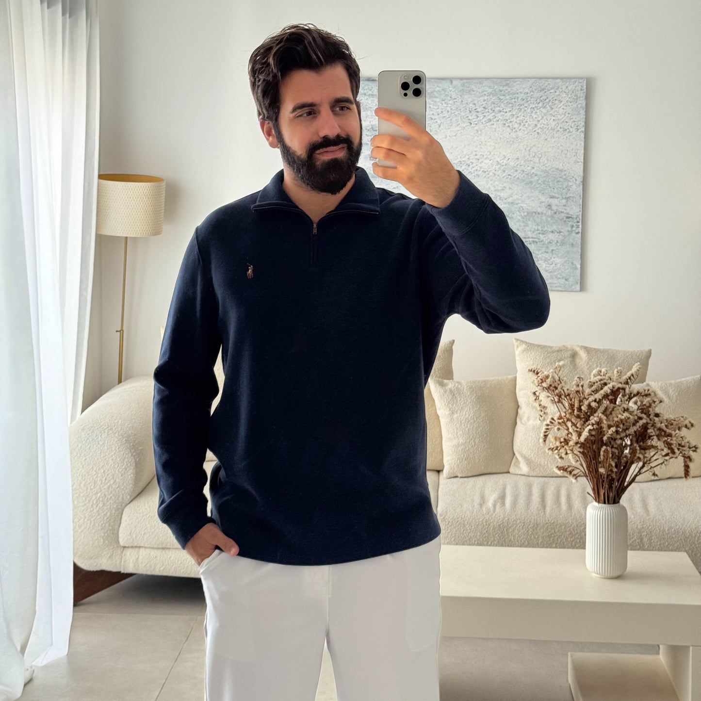 סריג פולו ראלף לורן עם חצי רוכסן בצבע כחול