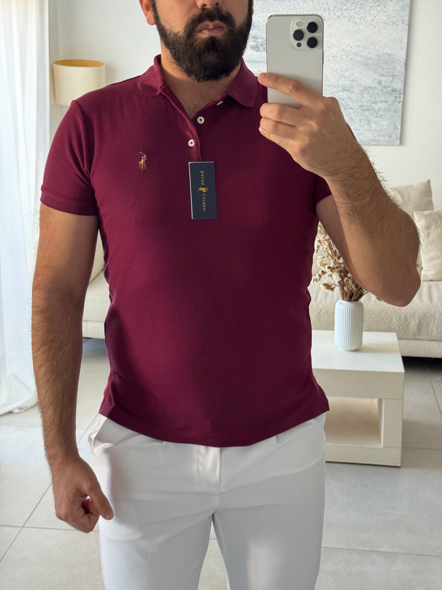 חולצת פולו ראלף לורן קצרה לגברים בצבע בורדו