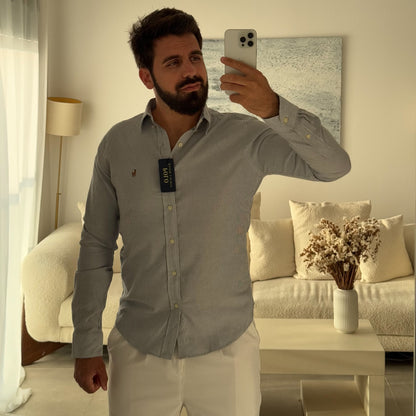 חולצה מכופתרת פולו ראלף לורן בפסים אפור כהה ולבן