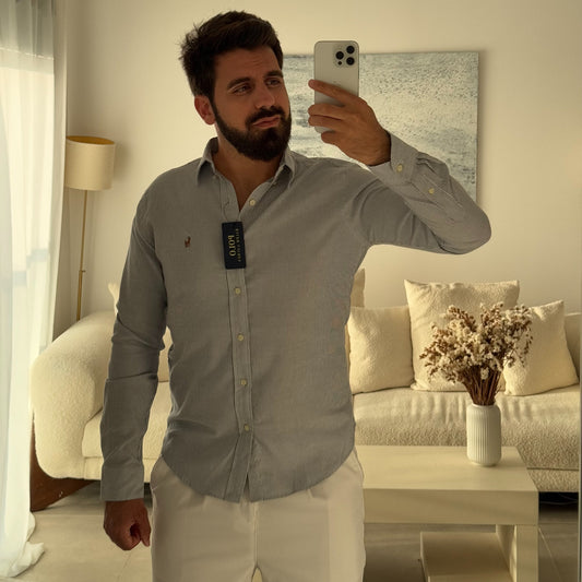 חולצה מכופתרת פולו ראלף לורן בפסים אפור כהה ולבן