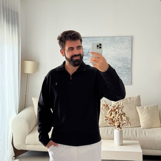 סריג פולו ראלף לורן עם חצי רוכסן בצבע שחור