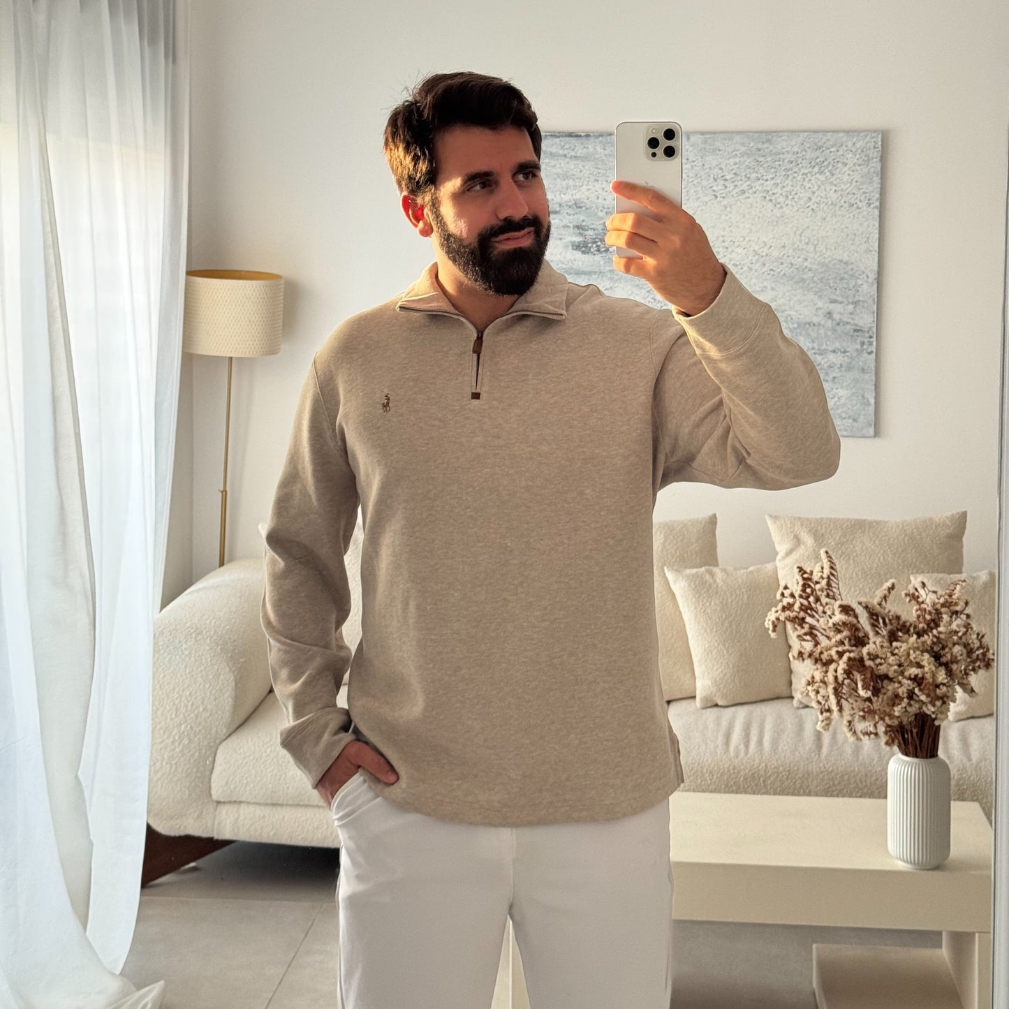 סריג פולו ראלף לורן עם חצי רוכסן בצבע בז׳