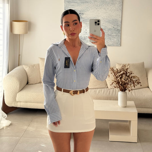 חולצה מכופתרת פולו ראלף לורן לנשים בפסים כחול ולבן