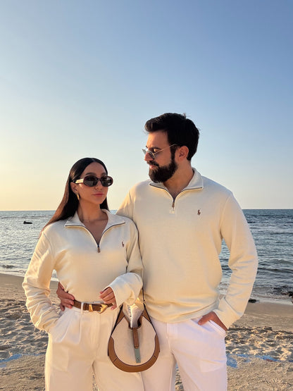 סריג פולו ראלף לורן עם חצי רוכסן בצבע קרם