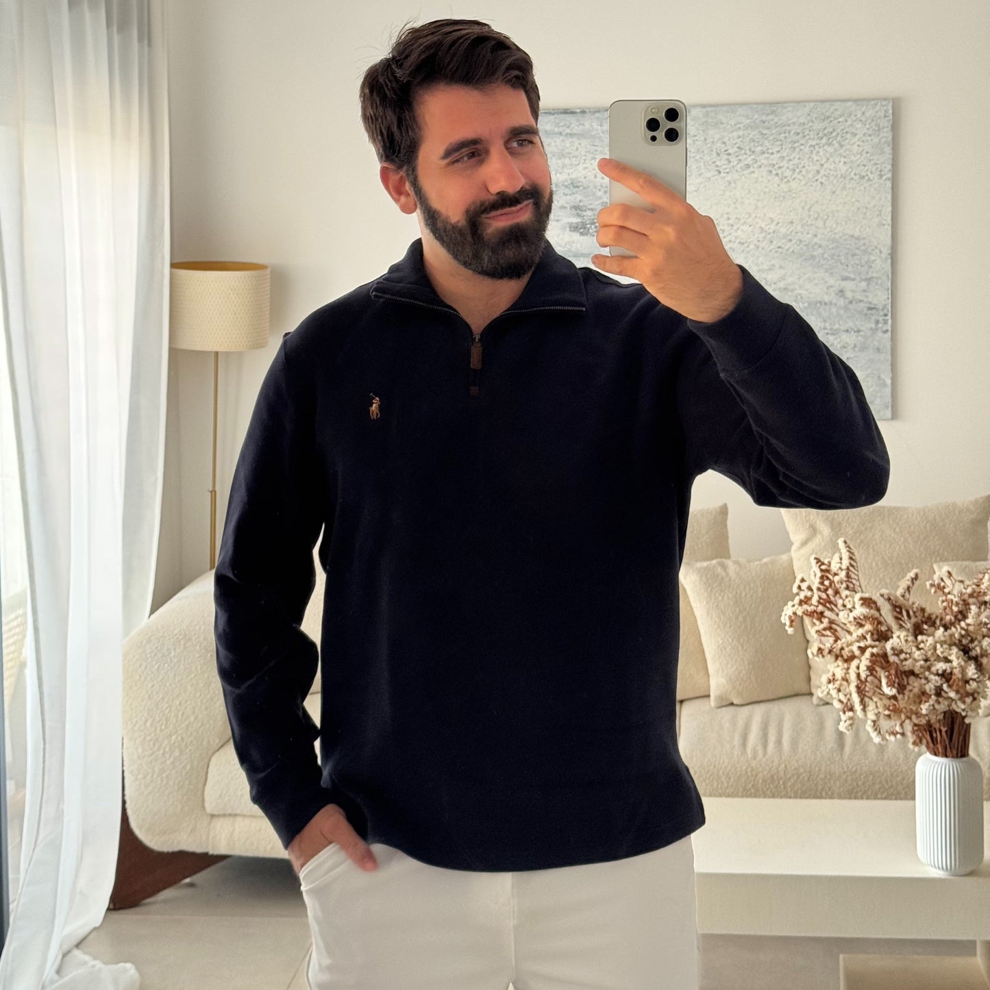 סריג פולו ראלף לורן עם חצי רוכסן בצבע כחול כהה