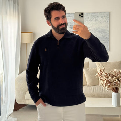 סריג פולו ראלף לורן עם חצי רוכסן בצבע כחול כהה