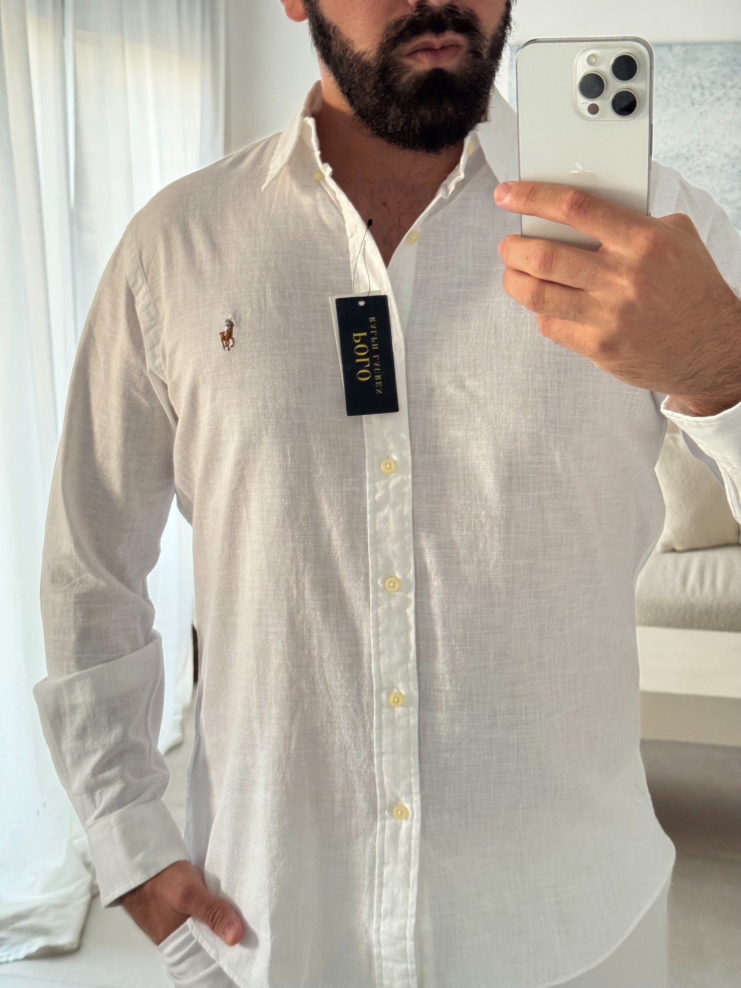 חולצה מכופתרת פשתן פולו ראלף לורן בלבן