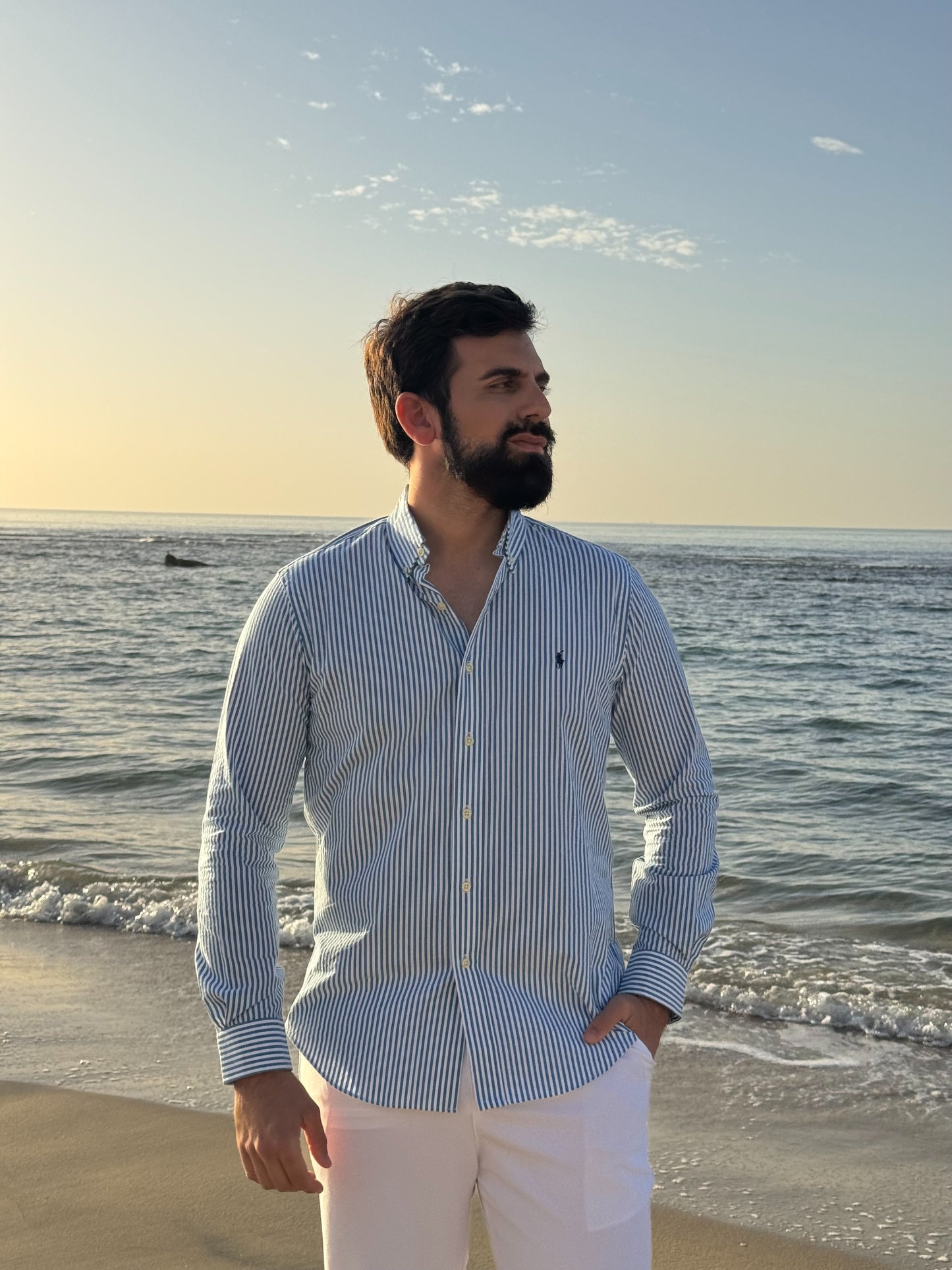 חולצה מכופתרת פולו ראלף לורן לגברים פסים בצבע כחול ולבן