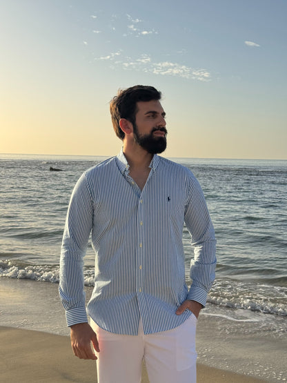 חולצה מכופתרת פולו ראלף לורן לגברים פסים בצבע כחול ולבן