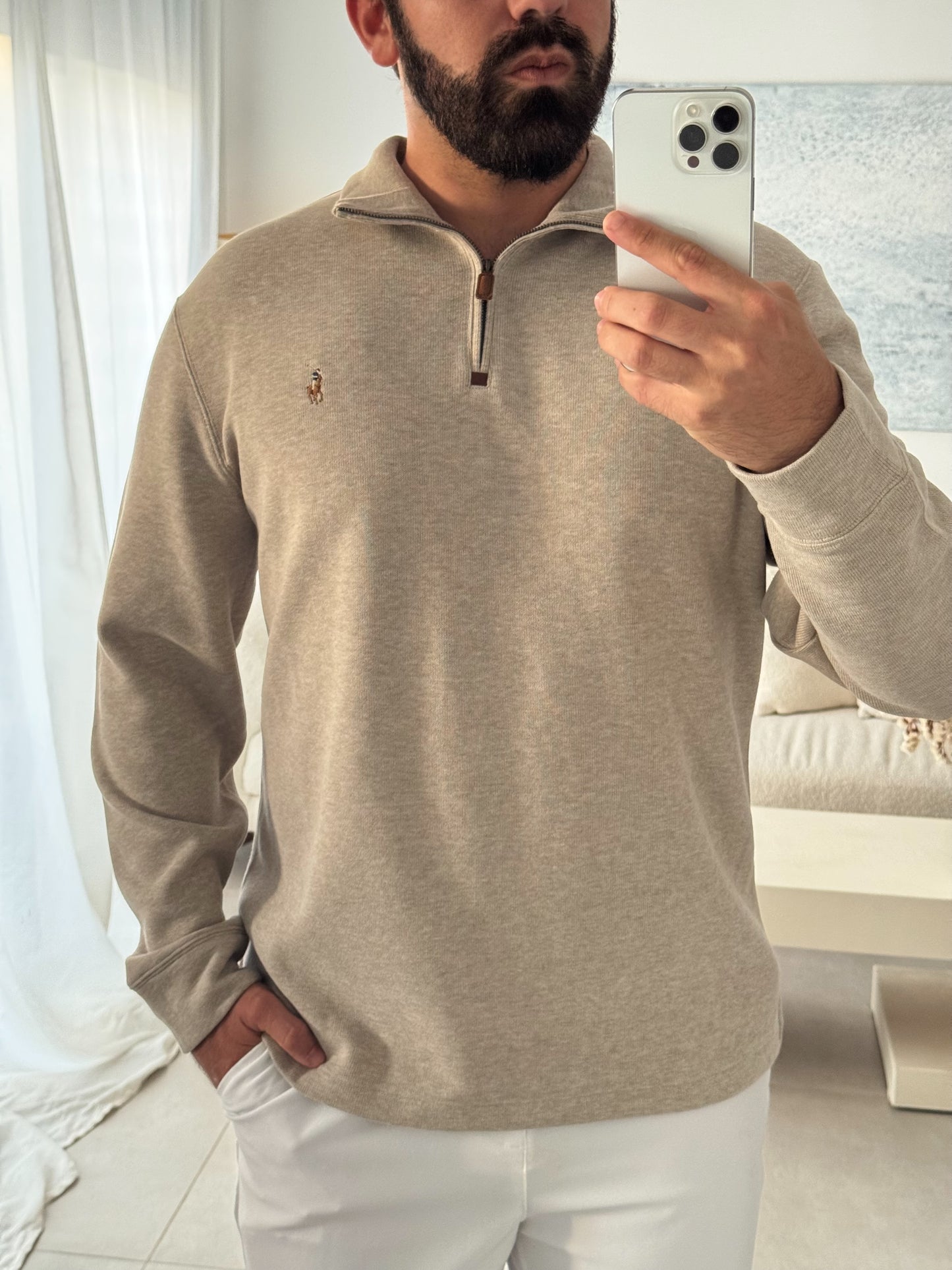 סריג פולו ראלף לורן עם חצי רוכסן בצבע בז׳