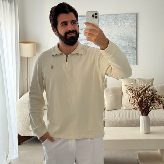 סריג פולו ראלף לורן עם חצי רוכסן בצבע קרם