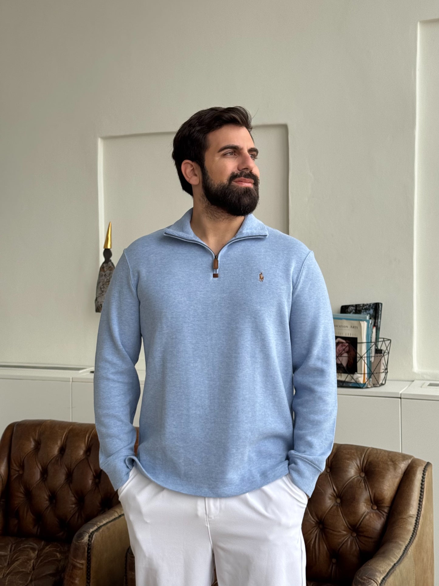 סריג פולו ראלף לורן עם חצי רוכסן בצבע תכלת