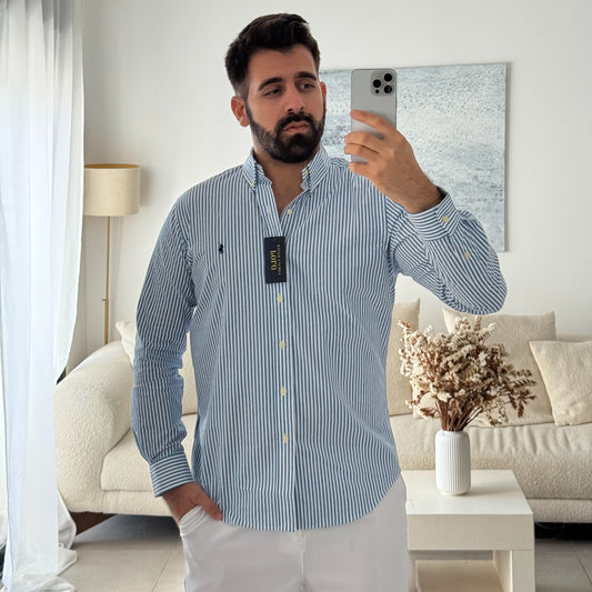 חולצה מכופתרת פולו ראלף לורן לגברים פסים בצבע כחול ולבן