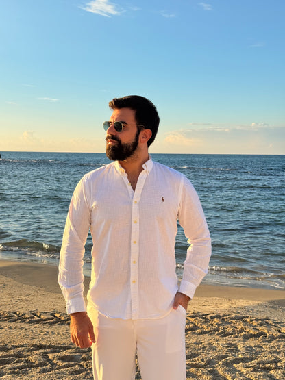 חולצה מכופתרת פשתן פולו ראלף לורן בלבן