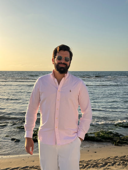 חולצה מכופתרת פולו ראלף לורן בפסים ורוד בהיר ולבן