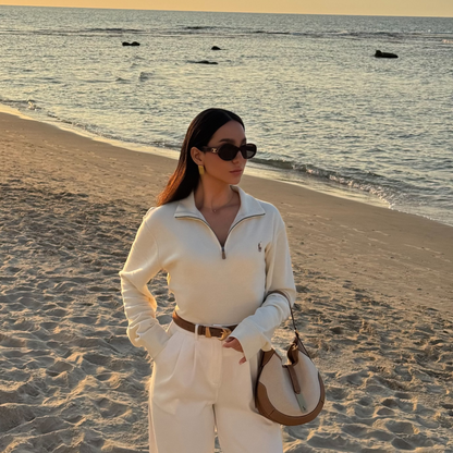 סריג פולו ראלף לורן עם חצי רוכסן בצבע קרם