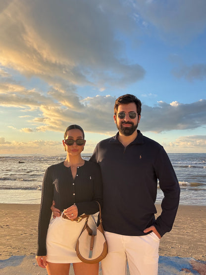 סריג פולו ראלף לורן עם חצי רוכסן בצבע כחול כהה