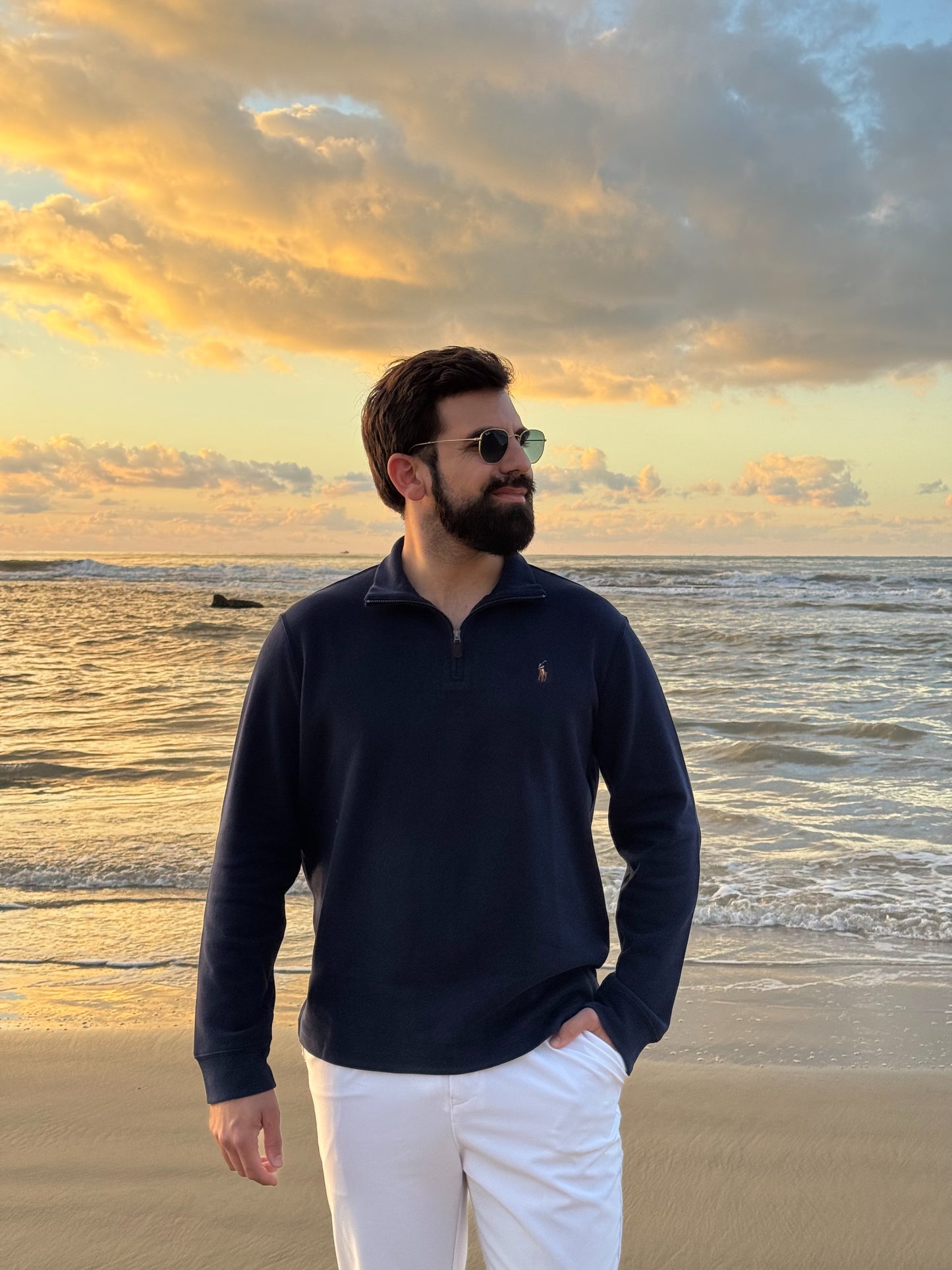 סריג פולו ראלף לורן עם חצי רוכסן בצבע כחול כהה