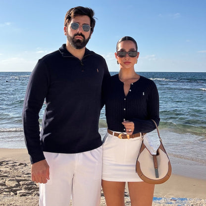 סריג פולו ראלף לורן עם חצי רוכסן בצבע כחול כהה