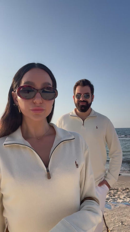 סריג פולו ראלף לורן עם חצי רוכסן בצבע קרם